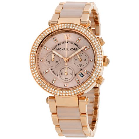 michael kors ladies parker rose goldtone chronograph glitz watch|Michael Kors parker blush bracelet.